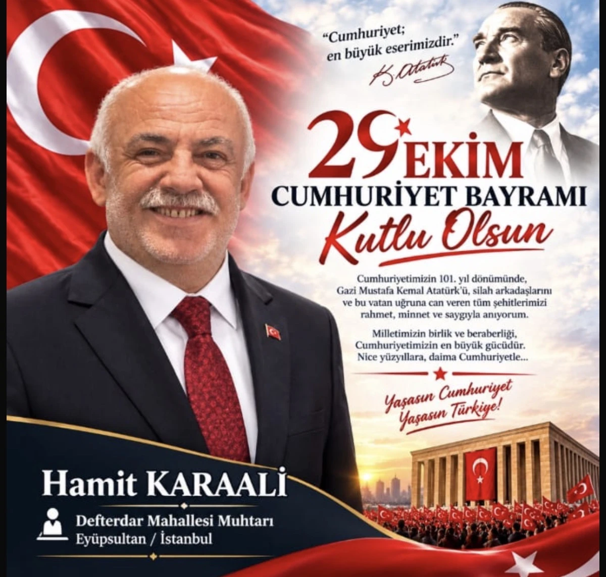 DEFTERDAR MAHALLESİ MUHTARI HAMİT KARAALİ&rsquo;DEN 29 EKİM CUMHURİYET BAYRAMI MESAJI 