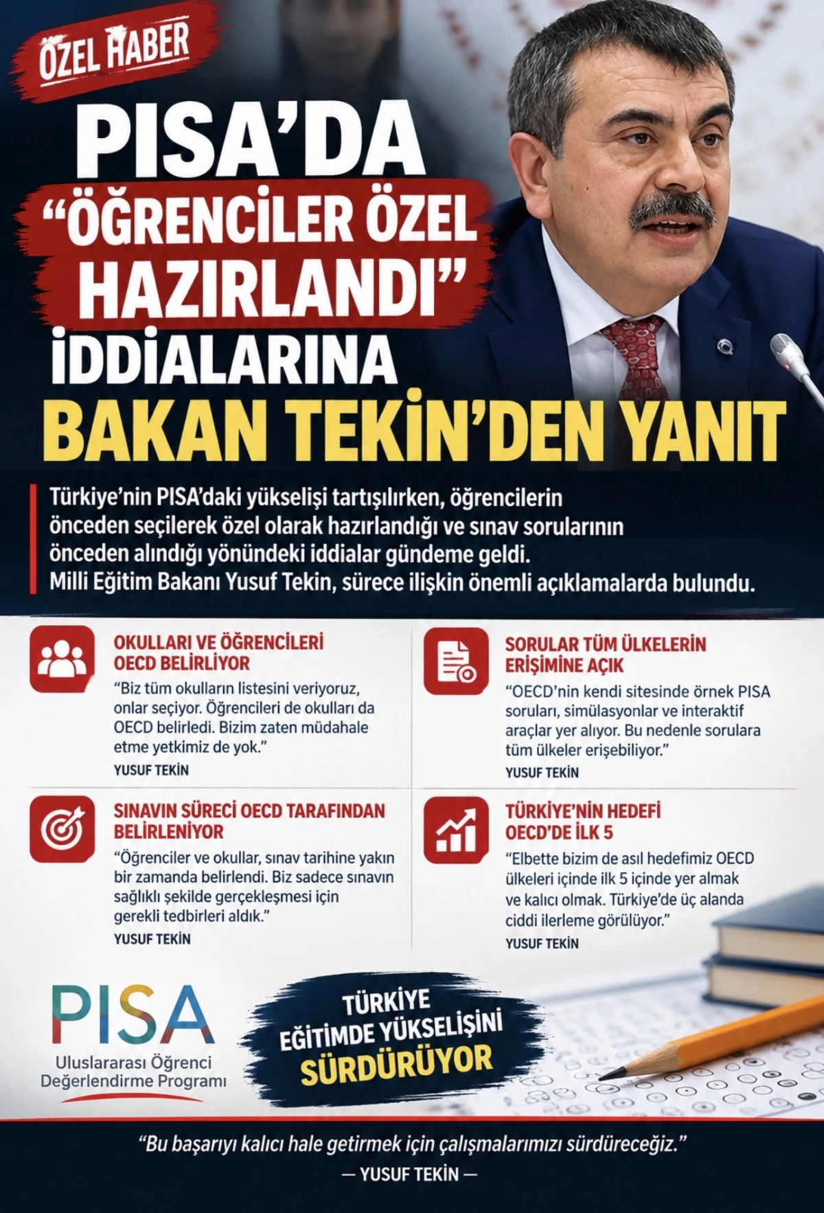 PISA&rsquo;DA &ldquo;&Ouml;ĞRENCİLER &Ouml;ZEL HAZIRLANDI&rdquo; İDDİALARINA BAKAN TEKİN&rsquo;DEN YANIT